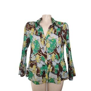 Sunny Leigh L Psychedelic Paisley Pleated Button Up Blouse Green Flared sleeve